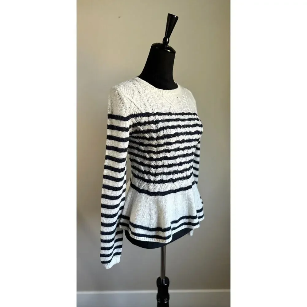 MASSIMO DUTTI Striped Cable Knit Peplum Sweater in White Size M
